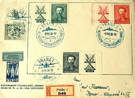 Letecký dopis Praha - Brno odeslaný z výstavy Praga 1938